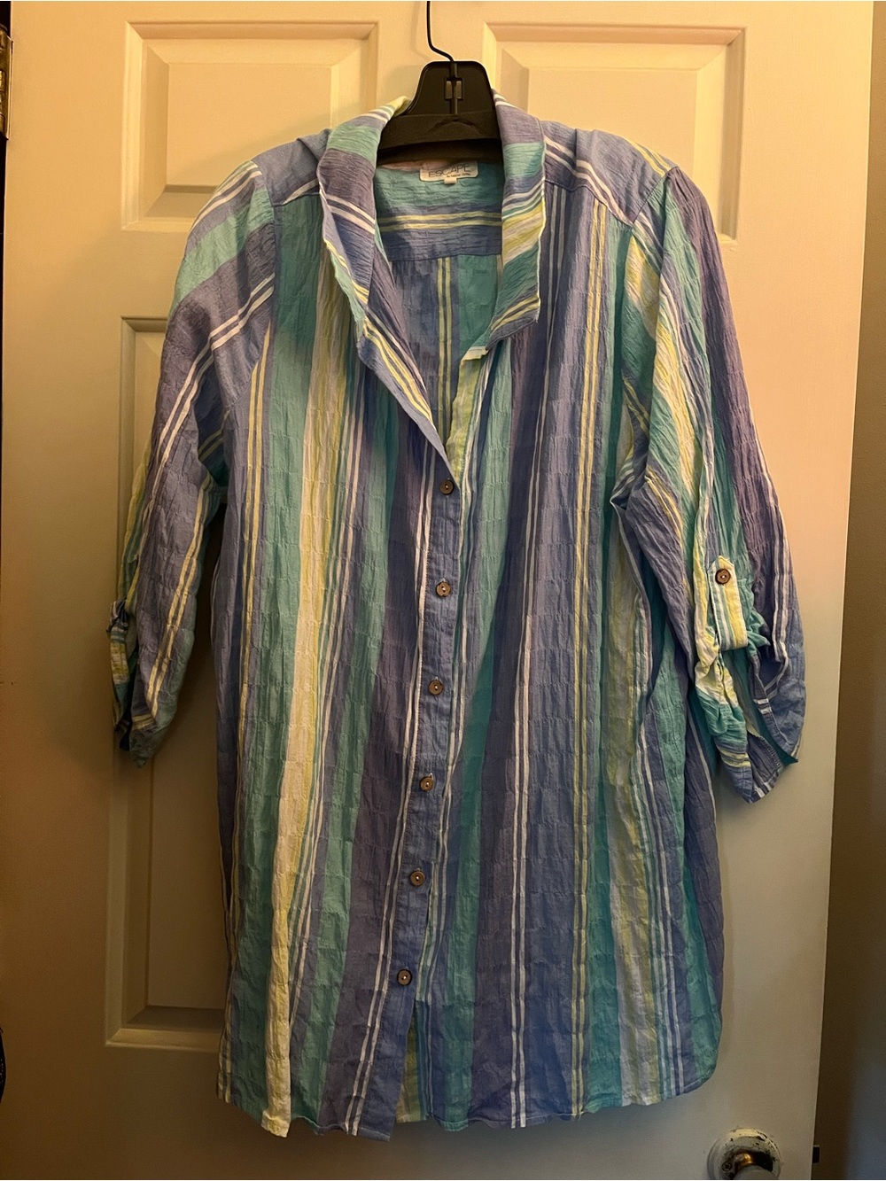 Lightweight Striped Button-Front Blouse in Blue and Teal